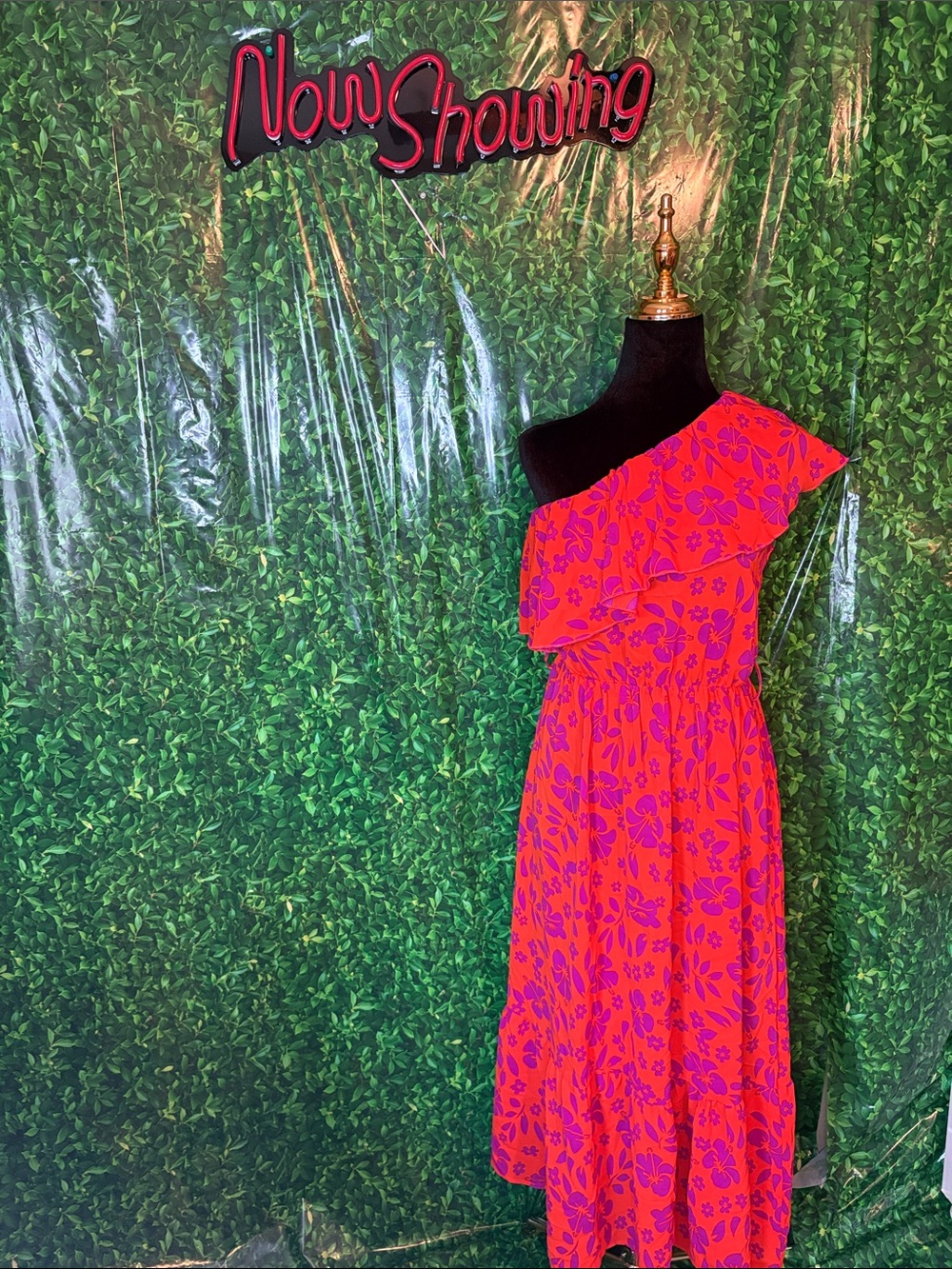One-Shoulder Floral Midi Dress in Fuchsia and Purple